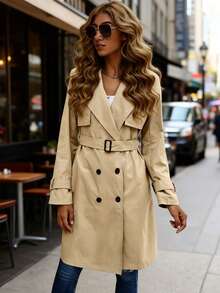 2026 Double-Breasted Lapel Jacket Fashion Mid-Length Windbreaker Coat Women's Casual Commuter Trench Top - 杏色 - 查看 2
