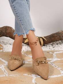 Khaki Pointed Toe Mule Shoes For Women, Metal Chain Decor Backless Loafers, Suede Fabric, Elegant & Versatile Slip-On Shoes For Office Wear, Spring & Autumn - Khaki - View 5