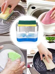 Dispensador de Jabón Cocina con Soporte de Esponja 2 en 1,Dispensador Jabon Trastes 385ML,Despachador de Jabon Liquido para Cocinas,Baño y Fregadero,Porta Jabon Cocina,Manejo con Una Mano - Multicolor - Ver 4