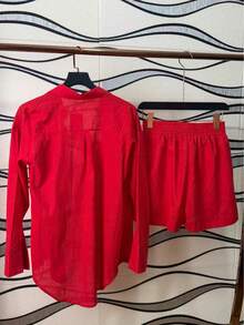 Imported Women's Linen Shirt /Button/Lining/ /Women's, 2-Piece Shirt/Shorts With Elasticated Lining - 紅色 - 查看 5