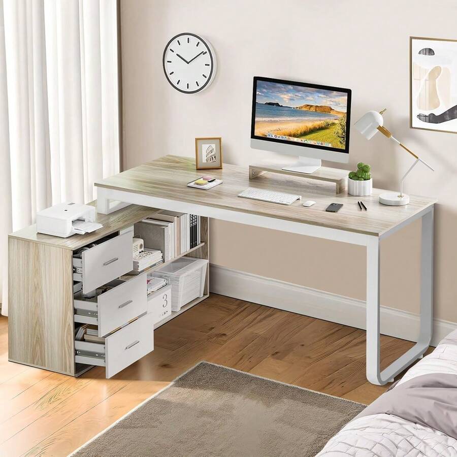 55 Inch Reversible L Shaped Desk With 3 Drawers, L Shaped Desk Long Desk Corner Desk With Removable Monitor Stand, White Craft Desk With Storage, Modern Study Writing Table For Home Office, Bedroom Walnut/ White/ Black - 核桃 - 查看 1