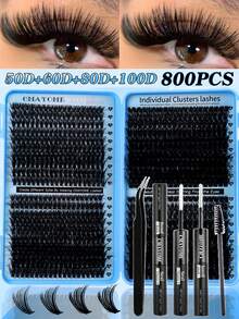 800pcs D-Curl Individual False Eyelashes With Adhesive & Sealant, Includes Tweezers & Lash Brush, Large Capacity, Soft & Natural, Suitable For Beginners, Easy DIY At Home, Portable For Travel, Enlarges Eyes, Lightweight & Reusable