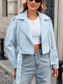 Women's Solid Color Minimalist Zip-Up Short Jacket, Everyday Wear - Baby Blue - View 4