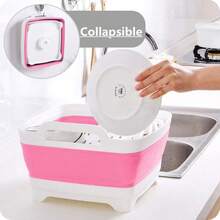 2.4 Gal(9L) Collapsible Dish Basin With Drain Plug,Space Saving Multiuse Foldable Sink Tub,Dishpan,Kitchen Sink For Camping,Plastic Tub,Vegetable Washing,Beverage Tubs - 粉色 - 查看 5