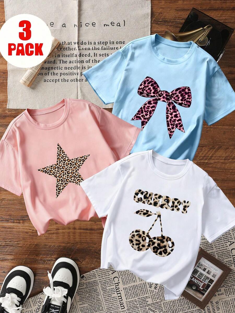Conjunto de 3 camisetas estampadas de manga curta para meninas pré-adolescentes, ideais para o verão. - Multicolorido - Ver 1