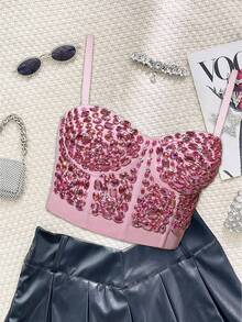 Apperloth A Rhinestone Bustier Crop Corset Cami Top - Baby Pink - View 7