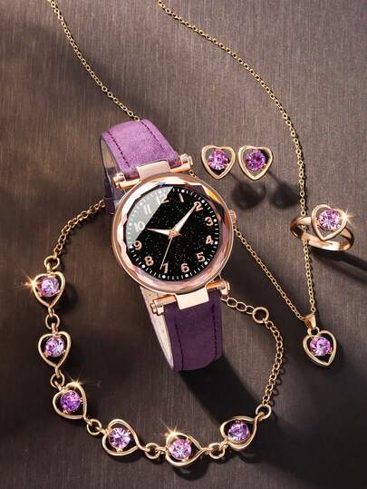 1pc Girls Purple PU Leather Band Cute Crystal Decor Cartoon Dial Quartz Watch & 5pcs Crystal Decor Jewelry Set Gift