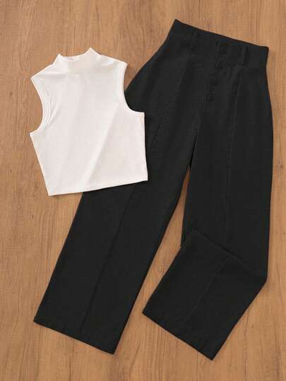 Conjunto de chaleco y pantalones de unicolor, casual, de vacaciones, con falsos botones, para oficina y jardín, de cuello alto, elegante para primavera/verano