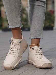 女士休闲一脚蹬踝靴，手工缝制，户外徒步，橡胶防滑耐磨鞋底，时尚百搭 - 杏色 - 查看 6