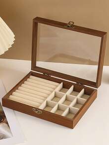 1个木纹首饰盒，透明防尘高端精致首饰盒，珠宝盒，收纳盒，包装盒，化妆盒，翻盖设计，透明玻璃，中式复古小型首饰收纳盒，带玻璃盖防尘，用于存放项链、手链、戒指，送给女友/妻子的礼物