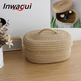 Woven Storage Basket Office Desktop Finishing Box With Lid For Stationery, Toys, Keys, Cosmetics, Home Decorative Rope Basket Organizer For Bathroom, Bedroom, Living Room