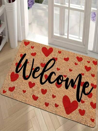 1 pieza Nuevo felpudo de San Valentín con estampado de corazón y letra - Decoración de San Valentín - Decoración diaria - Regalo festivo - Alfombra de entrada - Alfombra de exterior - Alfombra de interior - Alfombra pequeña - Franela suave, 900GSM, lavable a máquina, resistente, resistente a las manchas, de secado rápido, adecuado para felpudos de interior/exterior, decoración del hogar, alfombras de dormitorio, alfombrillas de cocina, fotos, accesorios, decoración exterior, regalos festivos, alfombras de área, todo el año