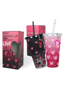 2个豹纹爱心变色塑料吸管杯，创意情人节礼物，黑粉色咖啡杯带钥匙扣 - 彩色 - 查看 8