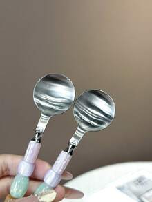 2pcs 304 Stainless Steel Creative Beaded Dessert Spoons, Sweet Style For Afternoon Tea And Desserts