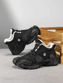 男士休闲冬季运动鞋，系带雪地靴，带绒面内衬，机甲风格纯色中帮人造毛皮鞋，加大码 45，户外防寒保暖休闲鞋，厚底防滑男士雪地运动鞋 - 黑色 - 查看 1