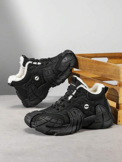 Zapatillas casuales de invierno para hombres, botas de nieve con cordones y forro de felpa, zapatos de media caña de unicolor con inspiración mecánica y piel sintética, talla extra grande 45, zapatos casuales a prueba de frío para exteriores, suela gruesa antideslizante para deportes de nieve