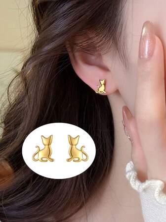 1 Pair Of S925 Sterling Silver Cute Simple Cat Earrings For Women Daily Jewelry Gifts Daily Wear
