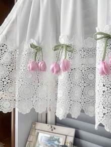 1 pieza Cortinas cortas decoradas con tulipanes rosas de estilo coreano lindo para ventanas pequeñas, cortinas para cocina de apartamento, cortinas para ventana de dormitorio, sin necesidad de barras de tensión con taladro - Blanco - Ver 7