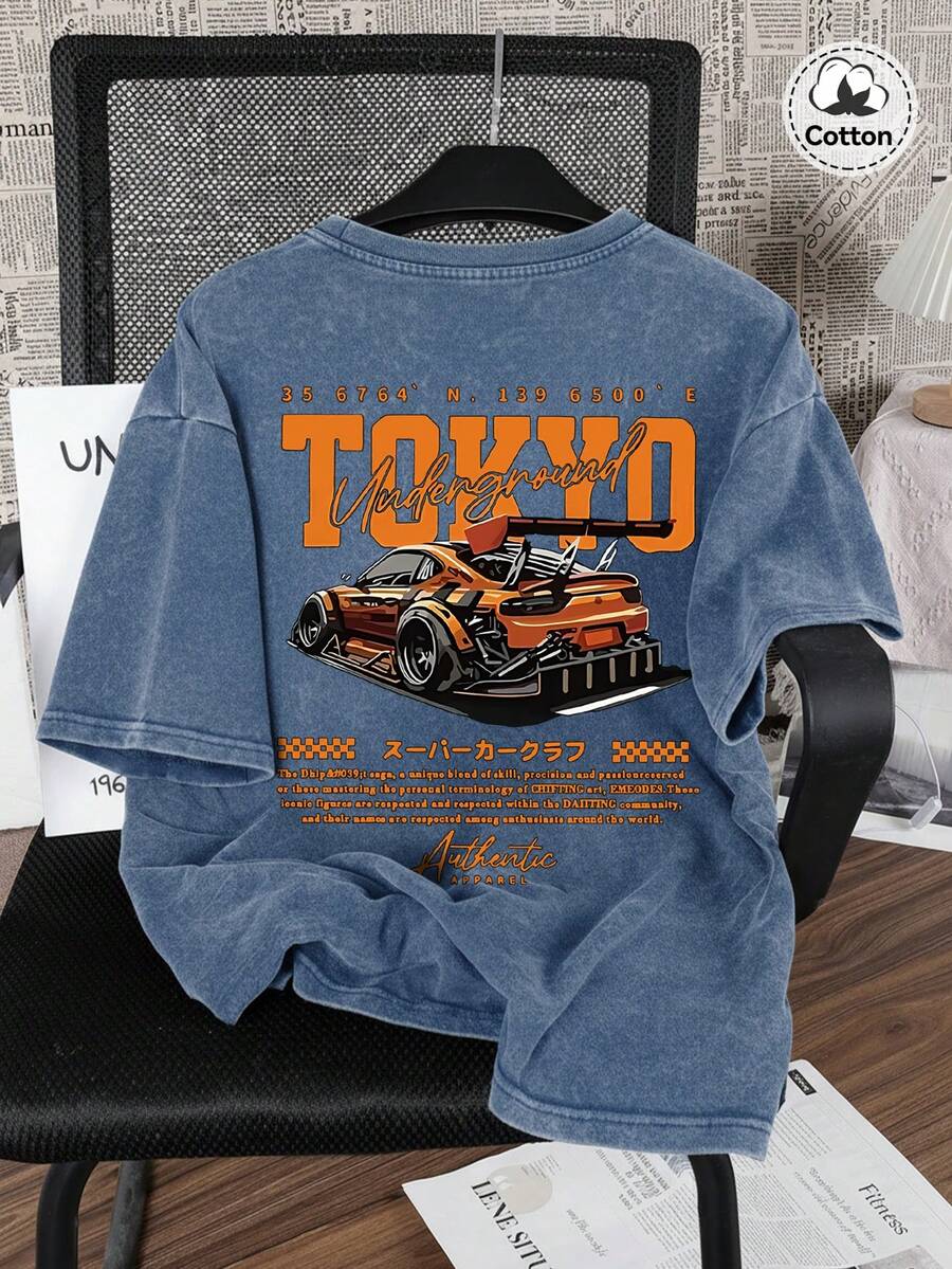 Spring And Summer Racing Pattern Men's T-Shirt Top, Micro Elastic Fit, Washed With Water To Make Old, Cotton Breathable Blue Round Neck Short Sleeved T-Shirt, Daily Casual Street T-Shirt Top - Navy Blue - View 1