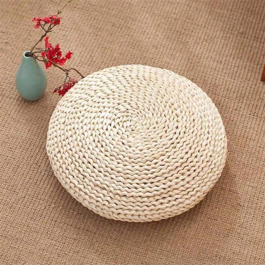 Natural Corn Husk Woven Meditation Mat --40x40cm Floor Cushion For Yoga And Fitness, Hand-Braided Straw Mat For Relaxation, Yoga And Home Decor. - Champagne - View 1