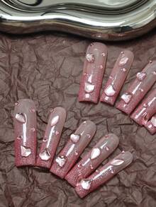 CrystalHola 圣诞美甲套装，10片手工假指甲，法式美甲，亚克力美甲套装，方形美甲贴片，粉色美甲，长款芭蕾舞美甲，配有美甲配件和美甲水钻，闪亮节日美甲，可爱美甲，Y2K风格，适合音乐节、派对和日常佩戴；送给女孩和女士的好礼物；新年美甲。美甲用品 - 彩色 - 查看 4