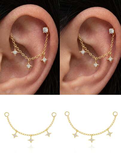 SereneSpark 1 pieza Accesorio de estrella de plata de ley 925 Pendientes con cadena Charm Joyería fina para uso diario, boda, fiesta, compromiso, aniversario, Día de San Valentín