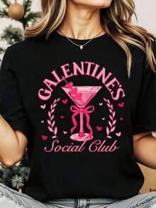 Women Round Neck T Shirt Galentines Social Club Martini Glass With Hearts And Laurel Wreath Print Short Sleeve For Valentine Party Celebration - màu đen - Xem 1