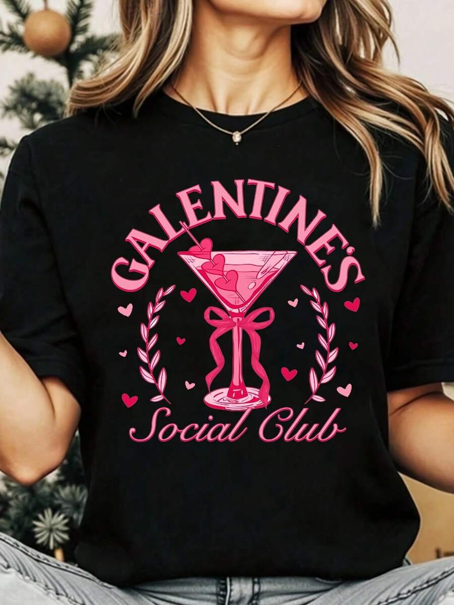 Women Round Neck T Shirt Galentines Social Club Martini Glass With Hearts And Laurel Wreath Print Short Sleeve For Valentine Party Celebration - màu đen - Xem 1