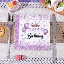20张/40张/60张，薰衣草紫白公主皇冠生日快乐餐巾纸，双层一次性派对餐巾纸 | 闪光饰边气球星形图案纸巾，适用于女孩公主生日派对，皇家主题庆典用品 - 紫色 - 查看 6