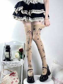 1 đôi tất dài đến đùi kiểu Lolita dễ thương với họa tiết nốt nhạc dành cho nữ - Nhiều màu - Xem 9