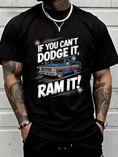 Camiseta informal para hombre, 100 % algodón, divertida camioneta vintage con estampado "If You Can't Dodge It Ram It". Estampado regular, cuello redondo, tela elástica, diseño retro automotriz, estilo clásico.