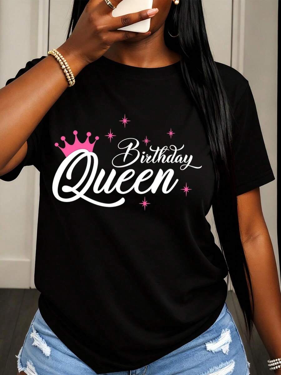 Birthday Queen T Shirt Women Pink Crown Graphic Tee Party Celebration Gift For Birthday Girl Female Festive Wear - 黑色 - 查看 1