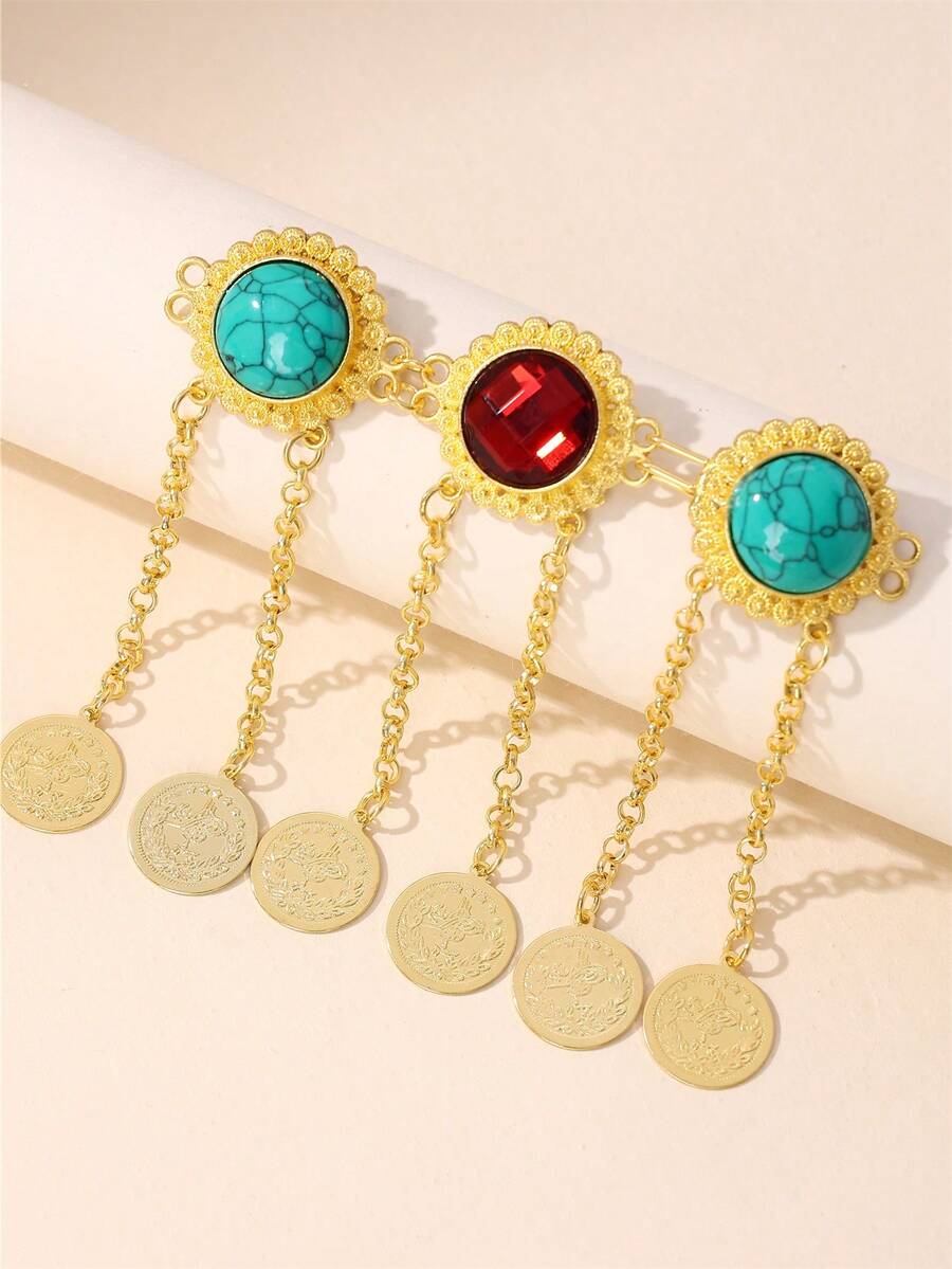 1pc Middle Eastern Style Button, Inlaid Turquoise, Vintage Palace Style, Coin-Shaped Tassel, Inlaid On Clothing Closure, Clothing Accessory, Button, Women Brooch