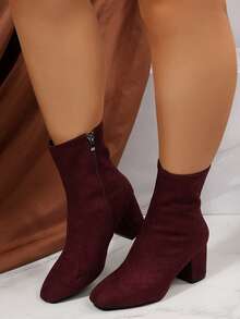 Inspired Patent Leather Square Toe Tall Boots, Slim Fit Chunky Heel Riding Boots For Women, Warm Lining For Autumn/Winter - Burgundy - View 2