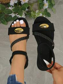 2026 Sommer Neue Flache Riemen Sandalen, 1 Paar elegante flache Schuhe mit modischem Retro-Goldschnallen-Sandalen, Strandurlaubs-Schuhe, elegante preppy College-Chic-Urlaubs-Strand-Boho-Lässig-PU-Leder-Schnallen-Strand-Festival-Hochzeit-College-Urlaubs-Party-Büro-Innen-Außen-Frühling-Sommer-Herbst - Schwarz - Übersicht 13