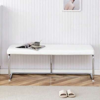 White Leather Bench With Chrome-Plated Frame – 130cm Modern Bench For Dining Room, Hallway & Living Area