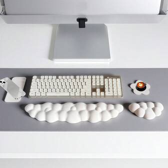 XWLR 4 st/set Cloud-handledsstöd för tangentbord, inklusive halkfri bas, handledsstöd för skrivbordstelefon, blommigt underlägg, handledsdyna i PU-läder med ergonomiskt minnesskum, lämplig för dator, bärbar dator, kontor, spel, vit