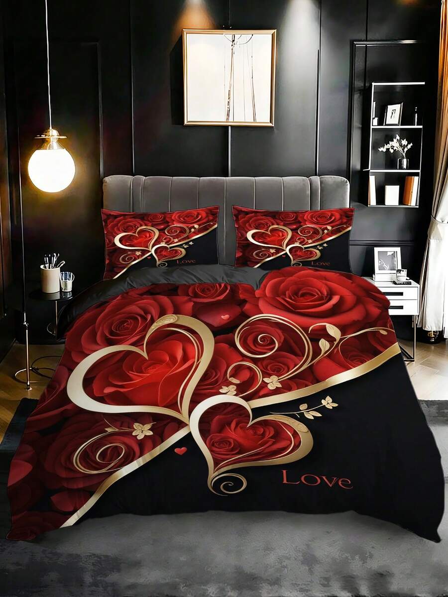3 Stück luxuriöser Bettbezug-Set mit roter Rose & Herz Design (1*Bettbezug + 2*Kissenbezüge, ohne Füllung), romantisches Goldakzent Liebes Muster Bettbezug, Valentinstag Schlafzimmer Dekoration für Paare & elegante romantische Ästhetik Enthusiasten, beruhigend für die Augen, geeignet für Zuhause, Schlafzimmer und Gästezimmer - Verschiedenfarbig - Übersicht 1