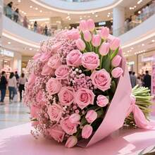 52PCS Bouquet Of Artificial Pink Roses, Tulips, And Baby Breath Is Perfect For Indoor And Outdoor Wedding Decorations, Bridal Bouquets, Home Bedroom Decor, And Pink-Themed Room Decor. It's Also Suitable For Living Room, Kitchen, And Dining Table Decorations, Office DIY Flower Arrangements
