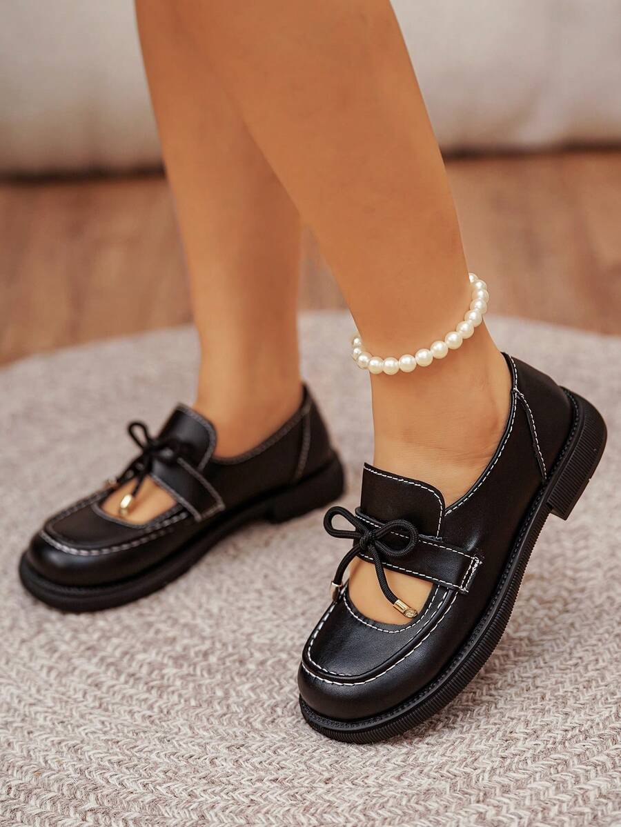 Damen Mode vielseitige flache Schnallen Rund Zeh Farbblock Schleife Slip-On Loafer, geeignet für alle Jahreszeiten - Schwarz - Übersicht 1
