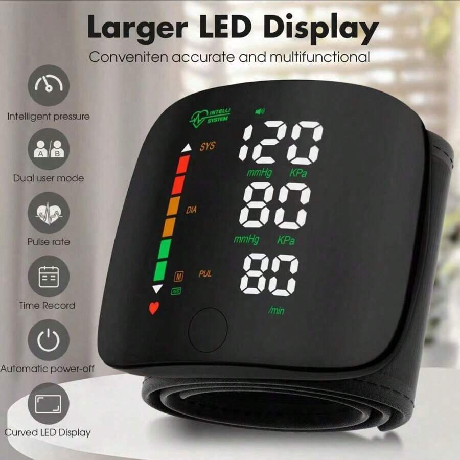Rechargeable Wrist Blood Pressure Monitor, Automatic Intelligent Blood Pressure Measuring Instrument, Can Retain Measurement Data, Can Measure Blood Pressure Of 2 People, Rechargeable Blood Pressure Monitor - Black - View 1