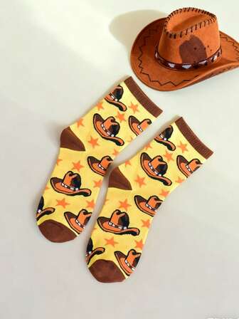 1 par de calcetines de media caña de punto con estampado de estrella amarilla, unisex, cómodos y suaves, versátiles para uso al aire libre, para ir al trabajo, para todas las estaciones, primavera/otoño/invierno