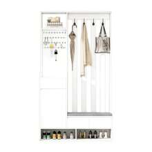 Flurgarderobe mit gepolsterter Aufbewahrungsbank, multifunktionaler Flur-Schuhschrank mit Stecktafel, moderno Garderobe mit 4 Haken für Eingangsbereich, Waschküche, Branco, H180/B100/T35 cm - Branco - Ver 1