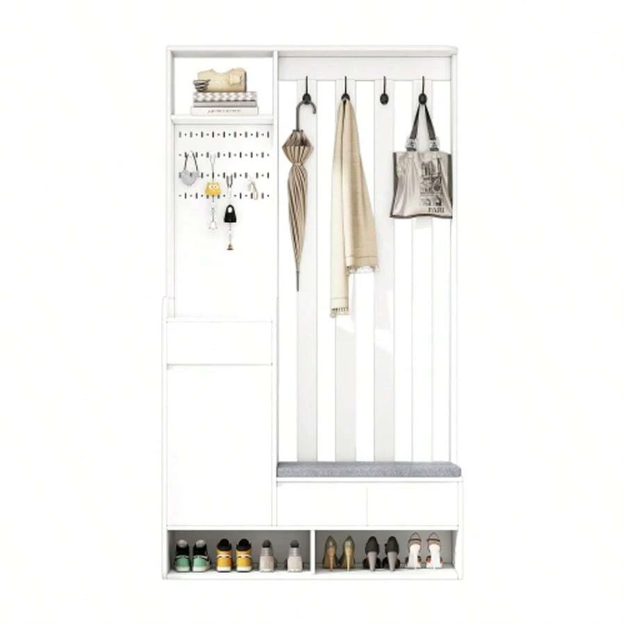Flurgarderobe mit gepolsterter Aufbewahrungsbank, multifunktionaler Flur-Schuhschrank mit Stecktafel, moderno Garderobe mit 4 Haken für Eingangsbereich, Waschküche, Branco, H180/B100/T35 cm - Branco - Ver 1
