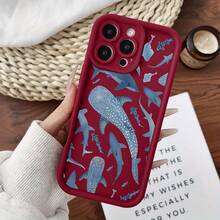 Compatible For IPhone11/12/13/14/15/16/Promax/X/XS/XR/XSMAX Case Blue Shark Whale Collage Soft TPU Shockproof Protective CASESuitable For IPhone 17 Air - 酒紅色 - 查看 7