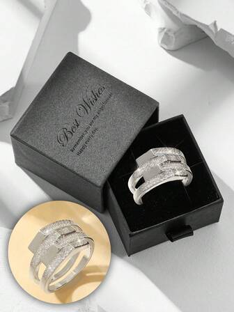 礼盒套装，优雅闪亮微镶水钻交叉设计银戒指，多种尺寸可选，适合女性婚礼、派对、情人节礼物