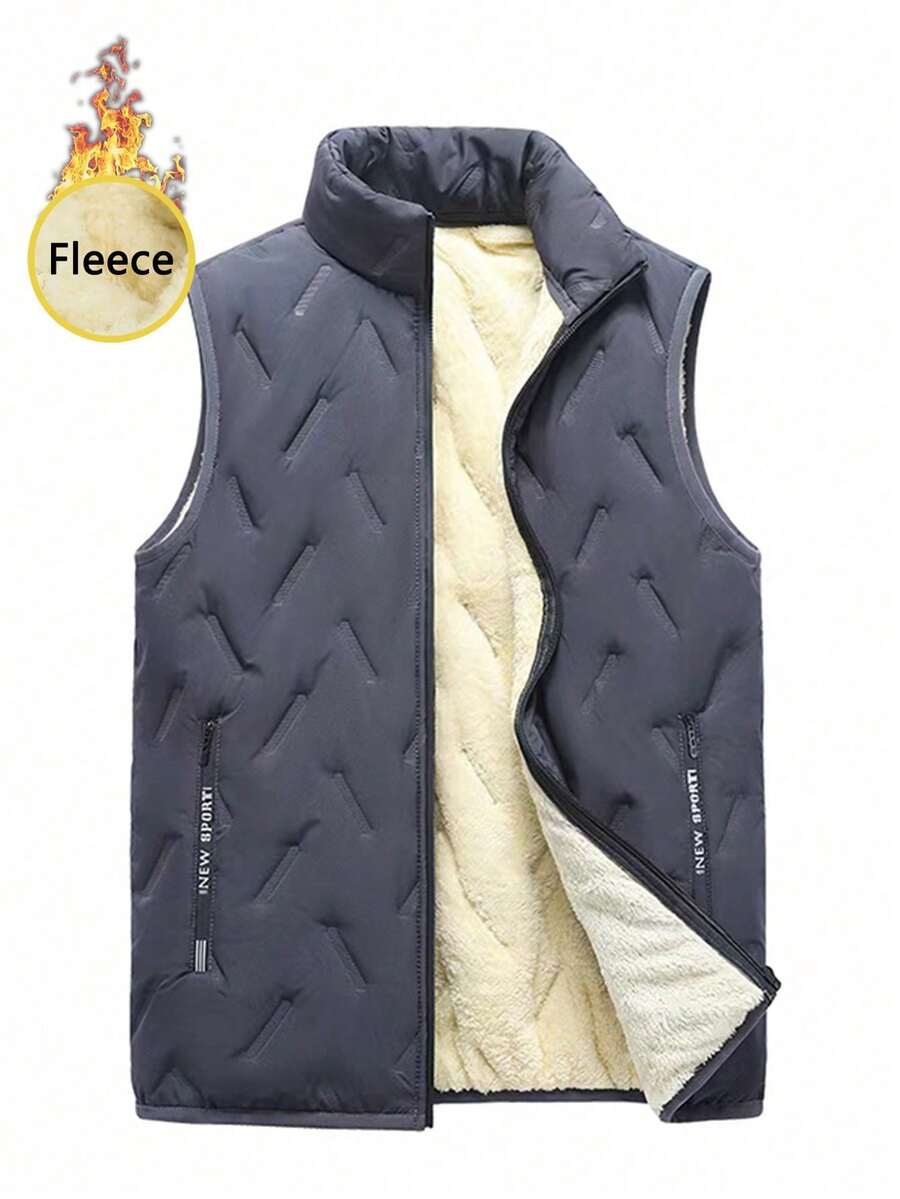 Men's Thermal Lined Sherpa Vest, Zipper Front Casual Sleeveless Jacket Outerwear For Autumn/Winter Sports - Grey - View 1