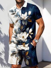 男士印花撞色短袖 Polo 衫和斜插口袋短裤套装 - 彩色 - 查看 2