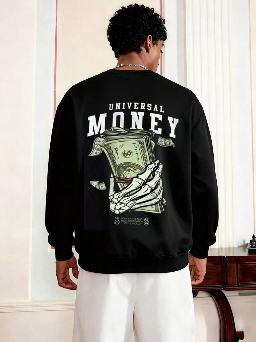 Men's Single Sided Printed Crew Neck Sweatshirt Universal Money Skeleton Hand Holding Cash Graphic Streetwear Fashion Long Sleeve Round Neck Sweatshirt Loose Fit Casual Sportswear Thick Fabric Very Suitable For Autumn And Winter Gifts High Quality Men's Clothing S To XL - Negro - Ver 1