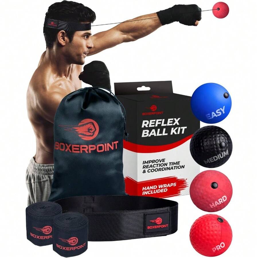 Boxing Reflex Ball For Adults - React Reflex Balls On String With Headband, Carry Bag And Hand Wraps - Improve Hand Eye Coordination, Punching Speed, Fight Reaction - Adults - View 1